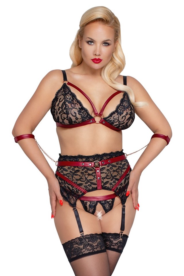 Lace Crotchless Bondage Set with Chains - Black & Red