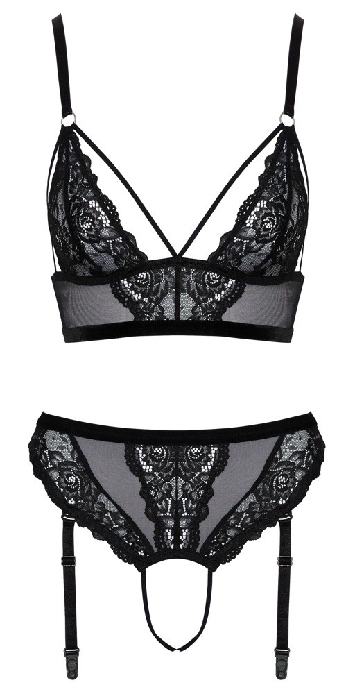 Svart set med bralette och öppen strumphållartrosa