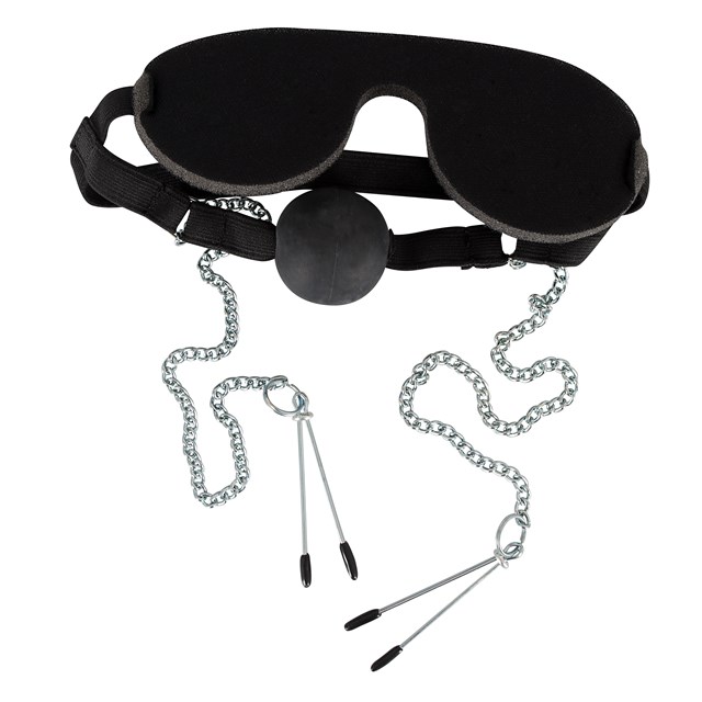 Mask with Ball Gag and Nipple Clamps