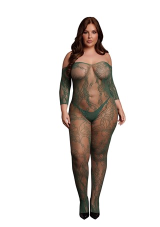 Grön Långärmad Bodystocking I Spets - Plus Size