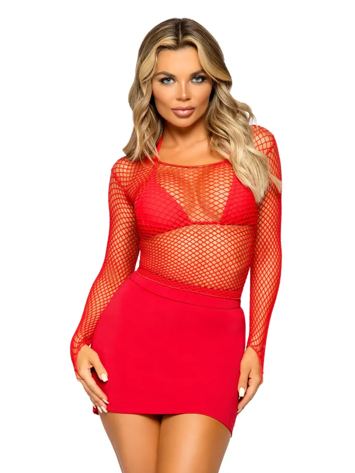 Elastane Long Sleeved Fishnet Shirt Red | SEXIGA KLÄDER - KLÄDER TJEJ - Sexiga klänningar & clubwear | Intimast