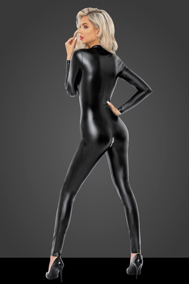 F293 Powerwetlook catsuit med dragkedja