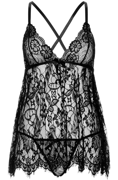 Floral Lace Babydoll & String Black