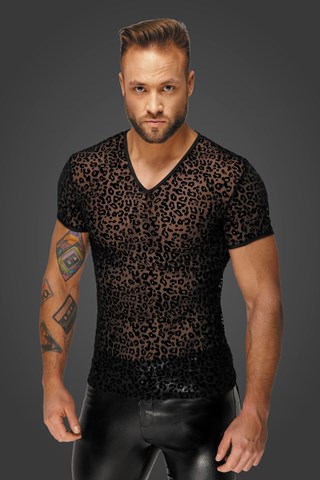 H071 Svart V-ringad T-shirt Med Leopardbordyr