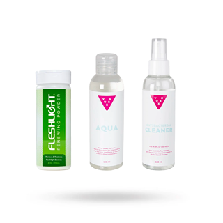 Kit Med Fleshlight Renewing Powder 118 Ml, Vuxen Aqua Glidmedel 150 Ml & Toy Cleaner 150 Ml