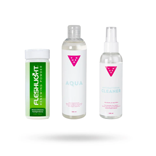Kit Med Fleshlight Renewing Powder 118 Ml, Vuxen Aqua Glidmedel 300 Ml & Toy Cleaner 150 Ml