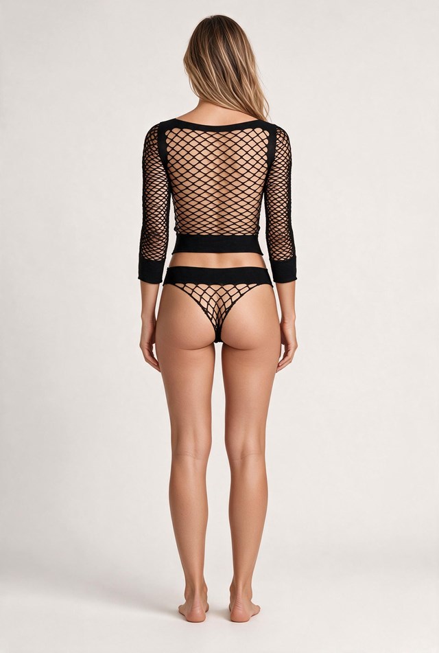 Long Sleeve Two-Piece Fishnet Set Black