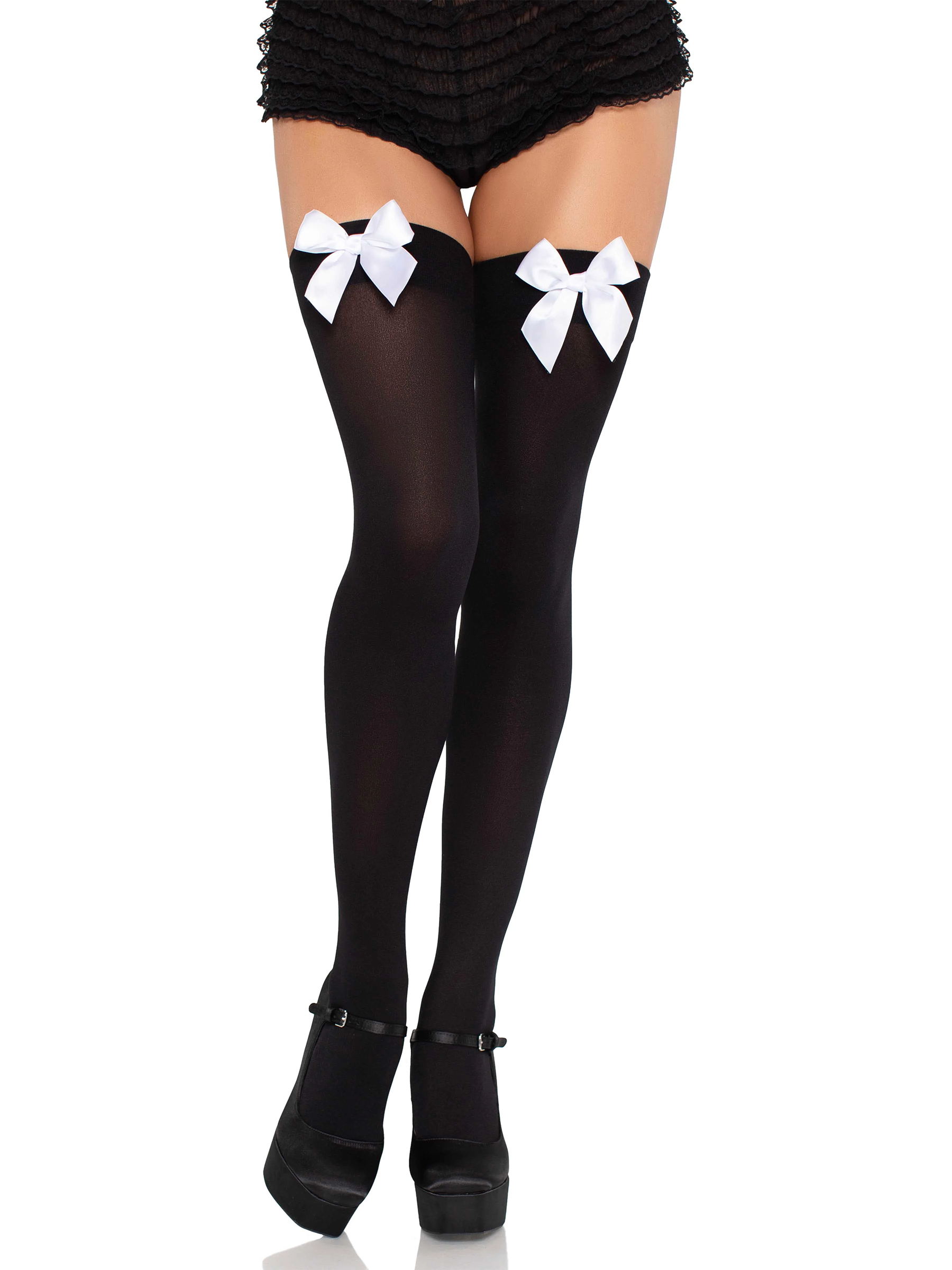 Nylon Thigh Highs With Bow Black/White | SEXIGA KLÄDER - SEXIGA UNDERKLÄDER - Strumpor & Höfthållare | Intimast