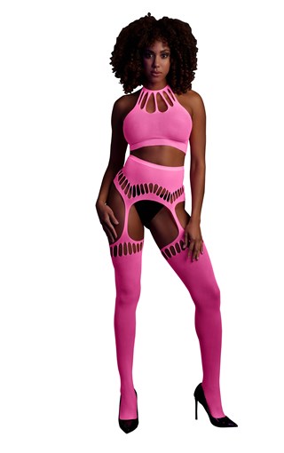 Rosa 2-delat Set Med Crop Top & Stockings