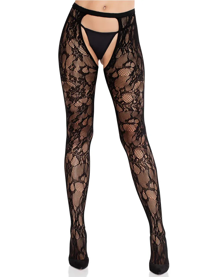 Rose Lace Crotchless Tights With Open Back Black | SEXIGA KLÄDER - SEXIGA UNDERKLÄDER - Strumpor & Höfthållare | Intimast