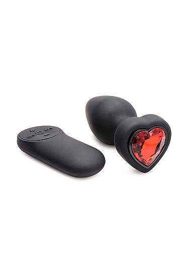 28X Silicone Vibrating Red Heart Anal Plug with Remote - Small