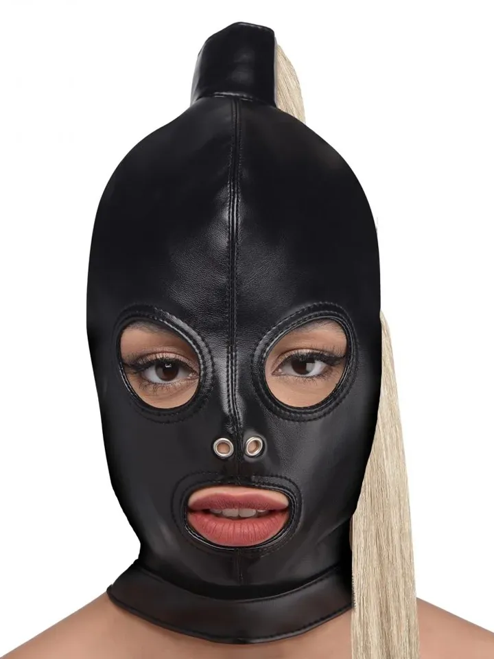 Strict Blonde Ponytail Bondage Hood Black