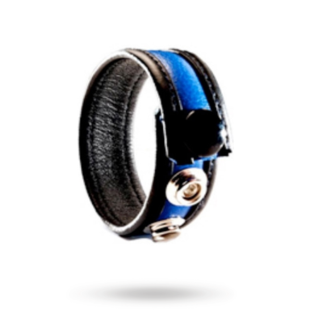 Leather Cockring 3-snaps Black - Blue