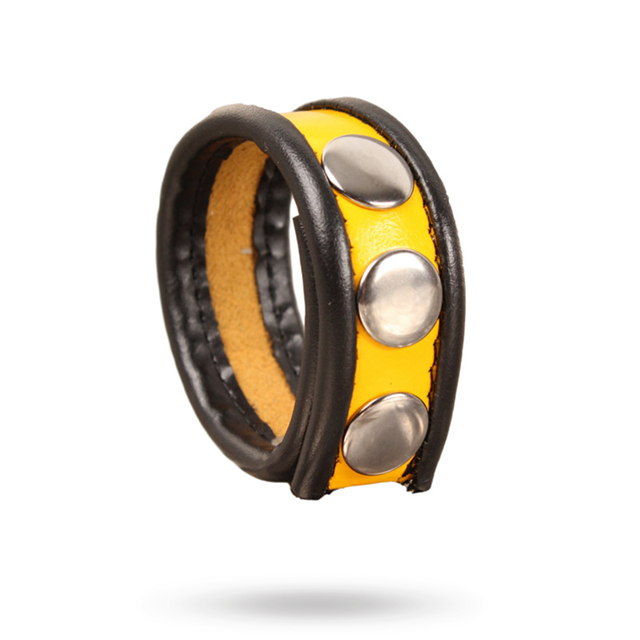 Leather Cockring 3-snaps Black-Yellow