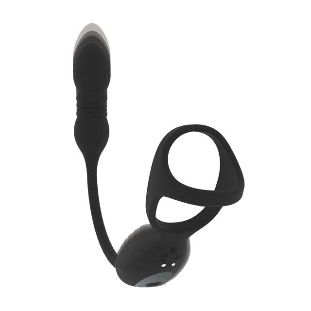 Vibrating & Thrusting Silicone Tri O Cockring with Prostate Stimulator - Black