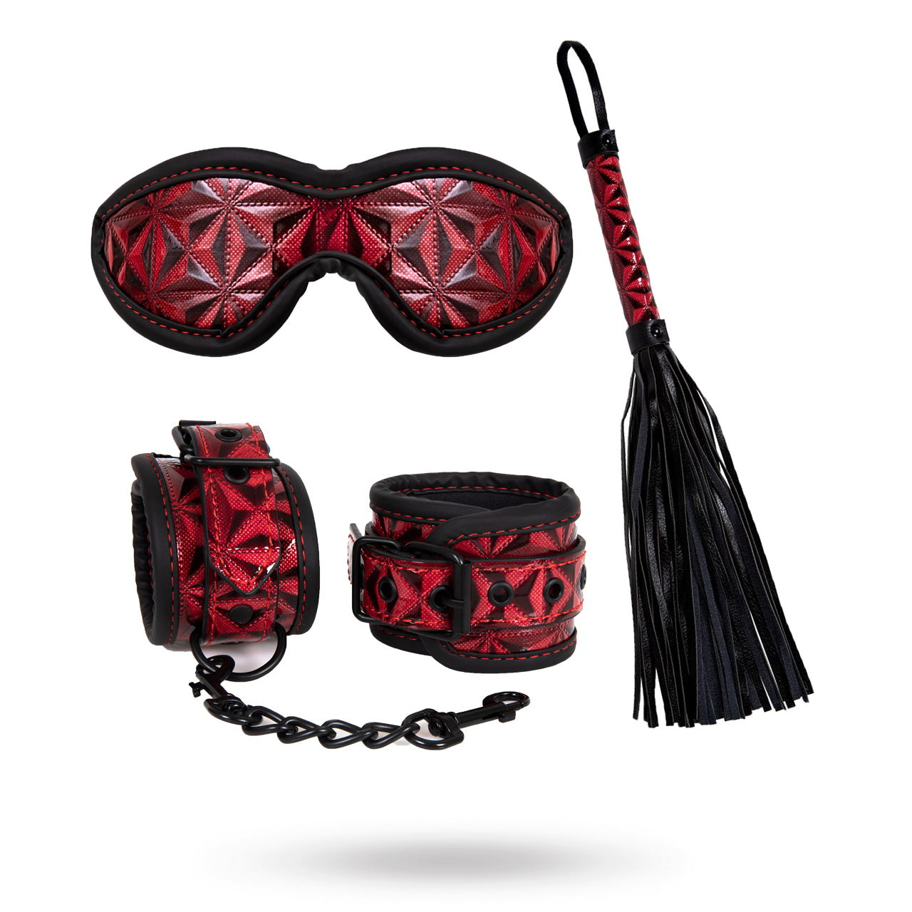 DIABOLIQUE - Bondage Set Med Ögonmask, Handbojor & Piska RödKÖPS OFTA TILLSAMMANS