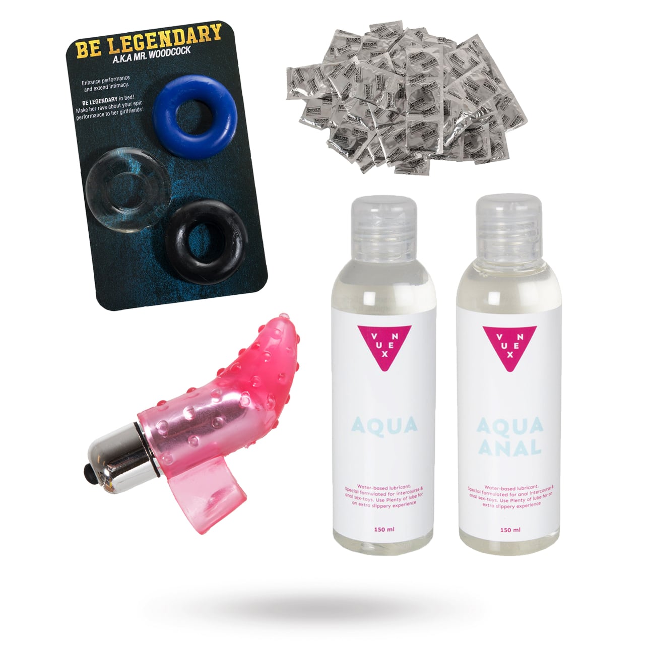 Mr + Mr - Kit med kondom, glidmedel, penisringar & fingervibrator