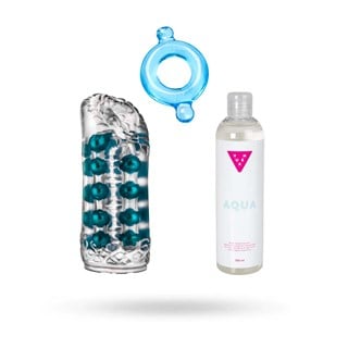 Kit Med Stamina Training Stroker, Stretchig Ljusblå Penisring & Glidmedel 150 Ml