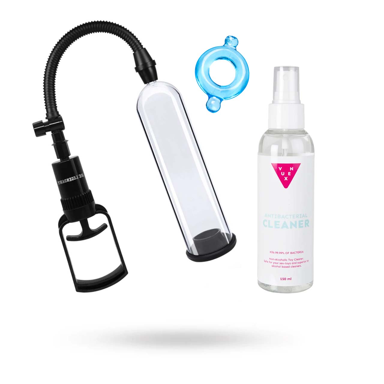 BE LEGENDARY BEGINNER TWO-FINGER PUMP + STRETCHIG LJUSBLÅ PENISRING & VUXEN TOY CLEANER 150ML | SEXLEKSAKER - LEKSAKSTILLBEHÖR - Rengöring sexleksaker | Intimast