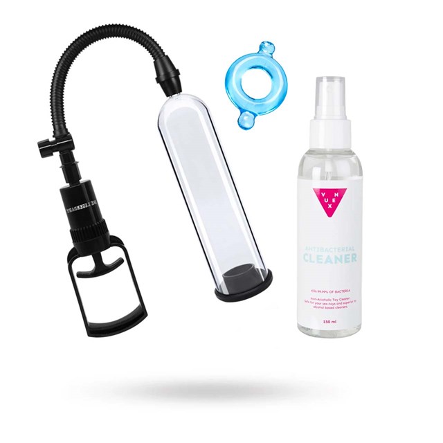 BE LEGENDARY BEGINNER TWO-FINGER PUMP + STRETCHIG LJUSBLÅ PENISRING & VUXEN TOY CLEANER 150ML