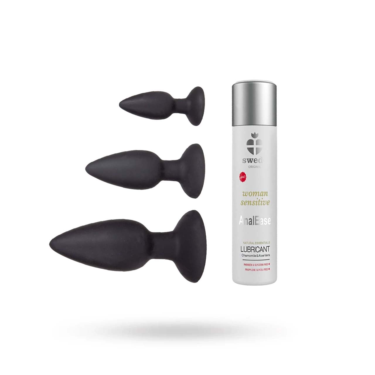SUSTAINABLE PLEASURE SILICONE BUTTPLUG TRAINER KIT& SWEDE SENSITIVE ANALEASE GLIDMEDEL 120 ML