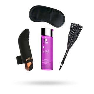 Kit Med Fingervibrator, Swede Massageolja, Diabolique Flogger & Svart Ögonmask Av Satin