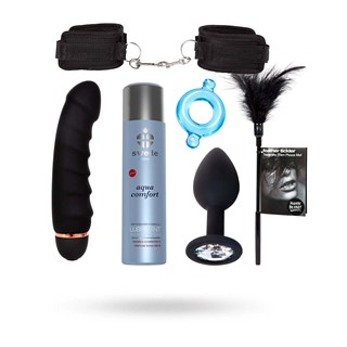 Kit Med Ribbad Vibrator + Kittlare + Swede Glidmedel + Penisring + Handbojor + Analplugg