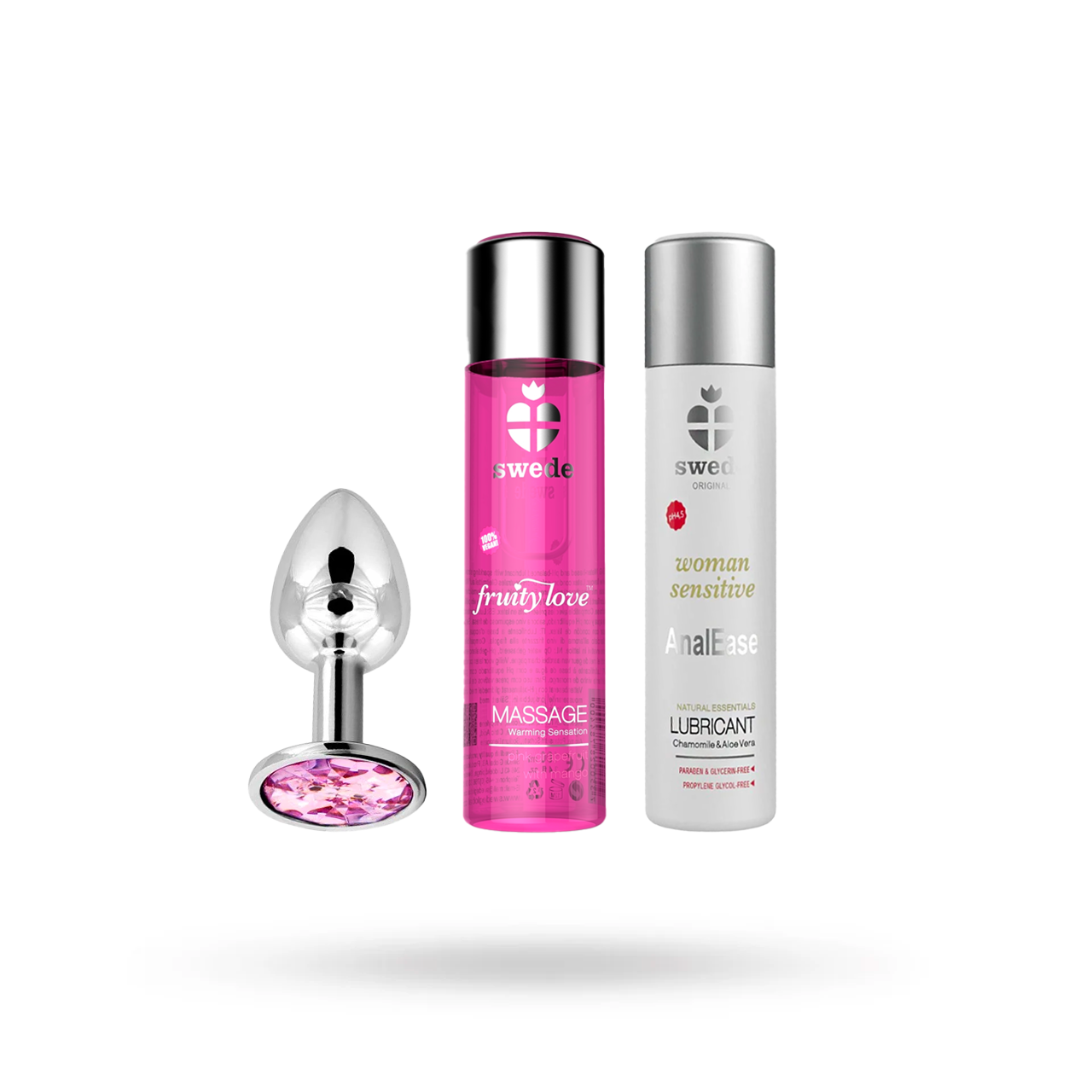 ANAL PLEASURE KIT INKL METALLPLUGG, SWEDE MASSAGEOLJA & SWEDE ANALEASE GLIDMEDEL 2X60ML | Sexhjälpmedel - EROTISKA MASSAGEOLJOR - Vattenbaserade Massageoljor | Intimast
