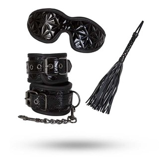 Diabolique - Bondage Set Med Ögonmask, Handbojor & Piska Svart