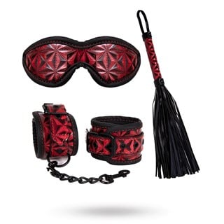 Diabolique - Bondage Set Med Ögonmask, Handbojor & Piska Röd